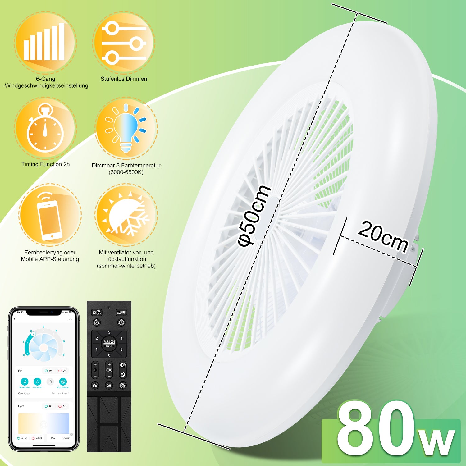 80W Deckenventilator mit Beleuchtung