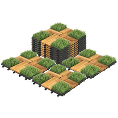 SWANEW Holzfliesen aus Akazien Holz, Balkonfliesen mit Künstlichem Gras, Dekorationsbodenmatte