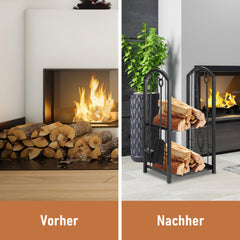 SWANEW kaminholzregal Innen und Aussen, mit Kaminbesteck, Metall Brennholzregal, Holzunterstand für Kaminholz, 37 x 33 x 74CM, Schwarz