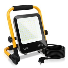 SWANEW LED Baustrahler 50W-200W, Arbeitsleuchte IP66 Wasserdicht, LED-Strahler mit 3M Kabel, und Faltbarer Ständer, 6000K Kaltweiß Fluter für Werkstatt  (mit Stecker)