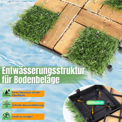 SWANEW Holzfliesen aus Akazien Holz, Balkonfliesen mit Künstlichem Gras, Dekorationsbodenmatte