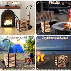 SWANEW Brennholzwagen, max. 80 kg, Kaminholzständer Kaminzubehör mit Rollen Holztransportwagen Brennholzständer, Schwarz 70x42x109cm