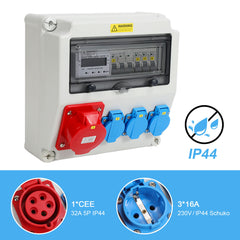 SWANEW Wandverteiler, Baustromverteiler 3x16A 230V, 1x CEE+32A 5 polig Steckdosen mit MCB Leitungsschutzschalter, 3-Phasen Stromverteiler IP44 Mit Sicherheitsklappdeckeln