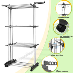 SWANEW Wäscheständer Turm,wäscheständer ausziehbar Länge 75-150cm, platzsparend, 4 Etagen mit 2 klappbaren Flügeln, 360°drehbare Rollen, Wäscheturm
