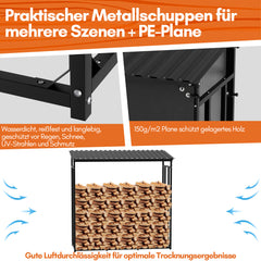 SWANEW Kaminholzregal, Metall brennholzregal, Feuerholzregal, mit Dach, 185x70x185cm