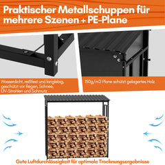 SWANEW Brennholzregal Grau Stahl mit Dach Holzlagerung Verzinkt Stapelhilfe Plane Schutz 185 x 70 x 185 cm