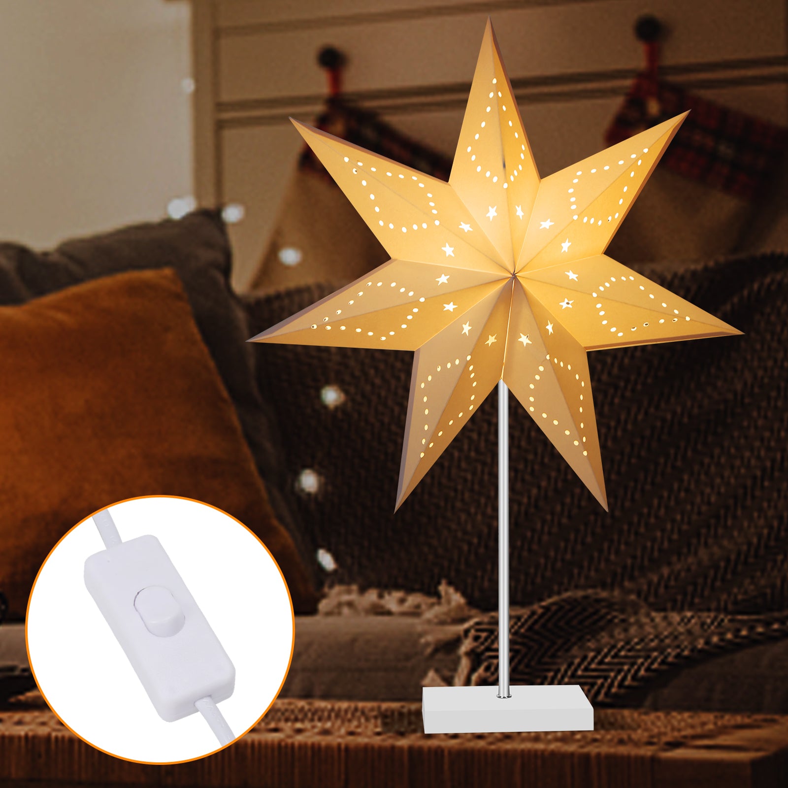 SWANEW Weihnachtsstern Tischlampe, Holzsockel, Weißer 3D-Papierstern φ42cm, Dekorative Papierstern Weihnachten Tischlampe mit Kabelschalter, E14, inkl. Leuchtmittel