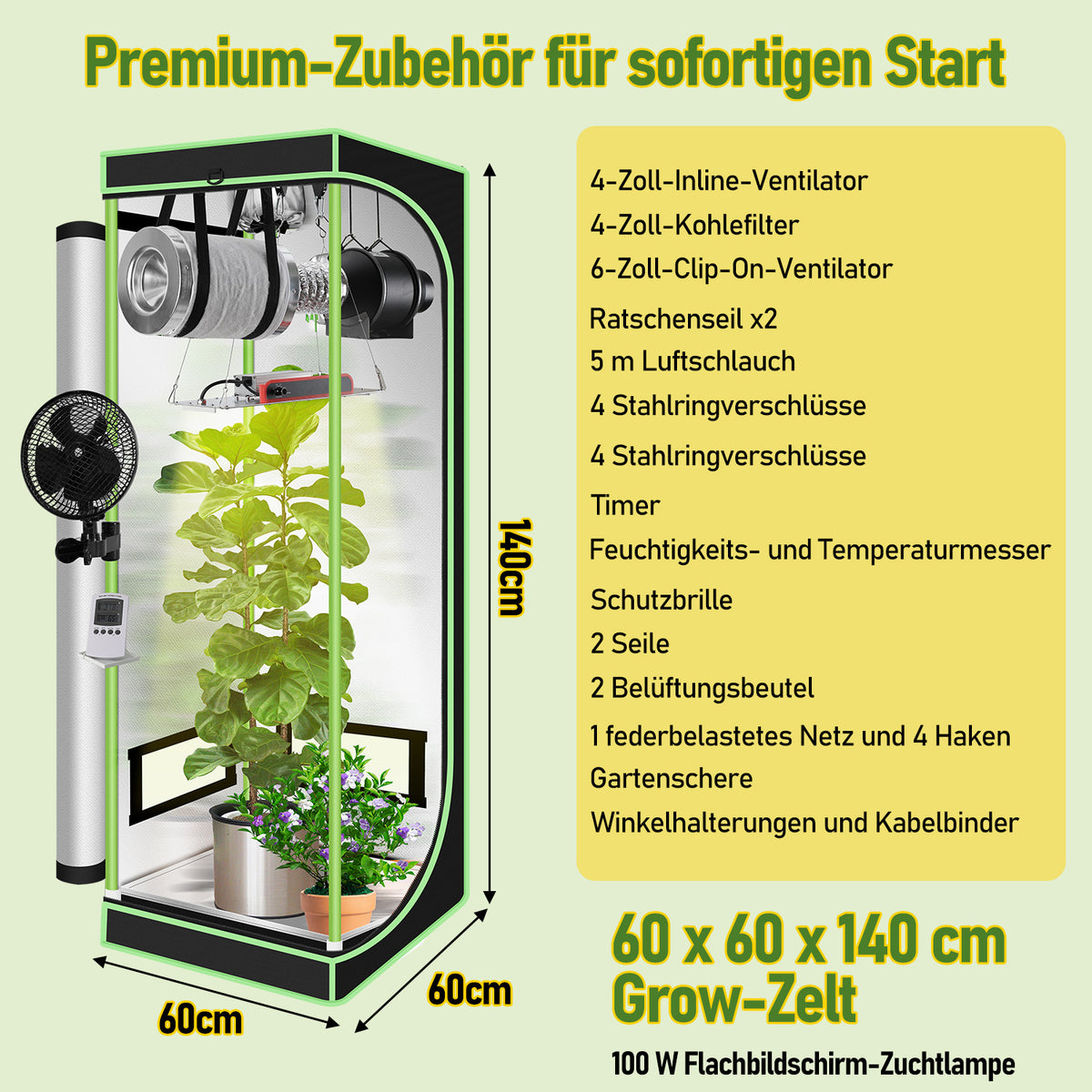 SWANEW Growzelt Komplettset, Growbox mit LED Grow Lampe, Gewächshaus, Pflanzenzelt inkl. Belüftungssystem