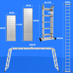 SWANEW 3,6m/4,7m/5,82m Aluminium Mehrzweckleiter 4x3/4x4/4x5 Stufen, Multifunktionsleiter mit 2 Plattform und Räder, Klappleiter, Trittleiter