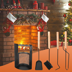 SWANEW Kaminbesteck, 4-teiliges Kaminbesteck Set, Kamingarnitur, Kaminzubehör mit Holzgriff und Halbkreisförmiges Leichentuch