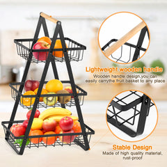 SWANEW 3-Ebenen Aufbewahrungskorb Multifunktionaler Schwarzer Metall mit Holzgriff