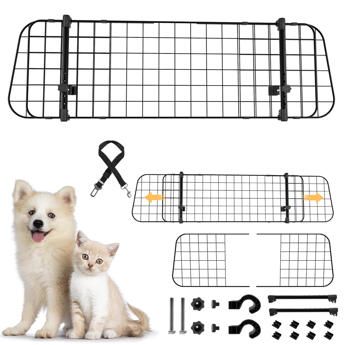 SWANEW Hundegitter Auto, Autoschutzgitter Verstellbare Breite, Kopfstützen-Hundegitter mit Sicherheitsgurt Hundeschutzgitter