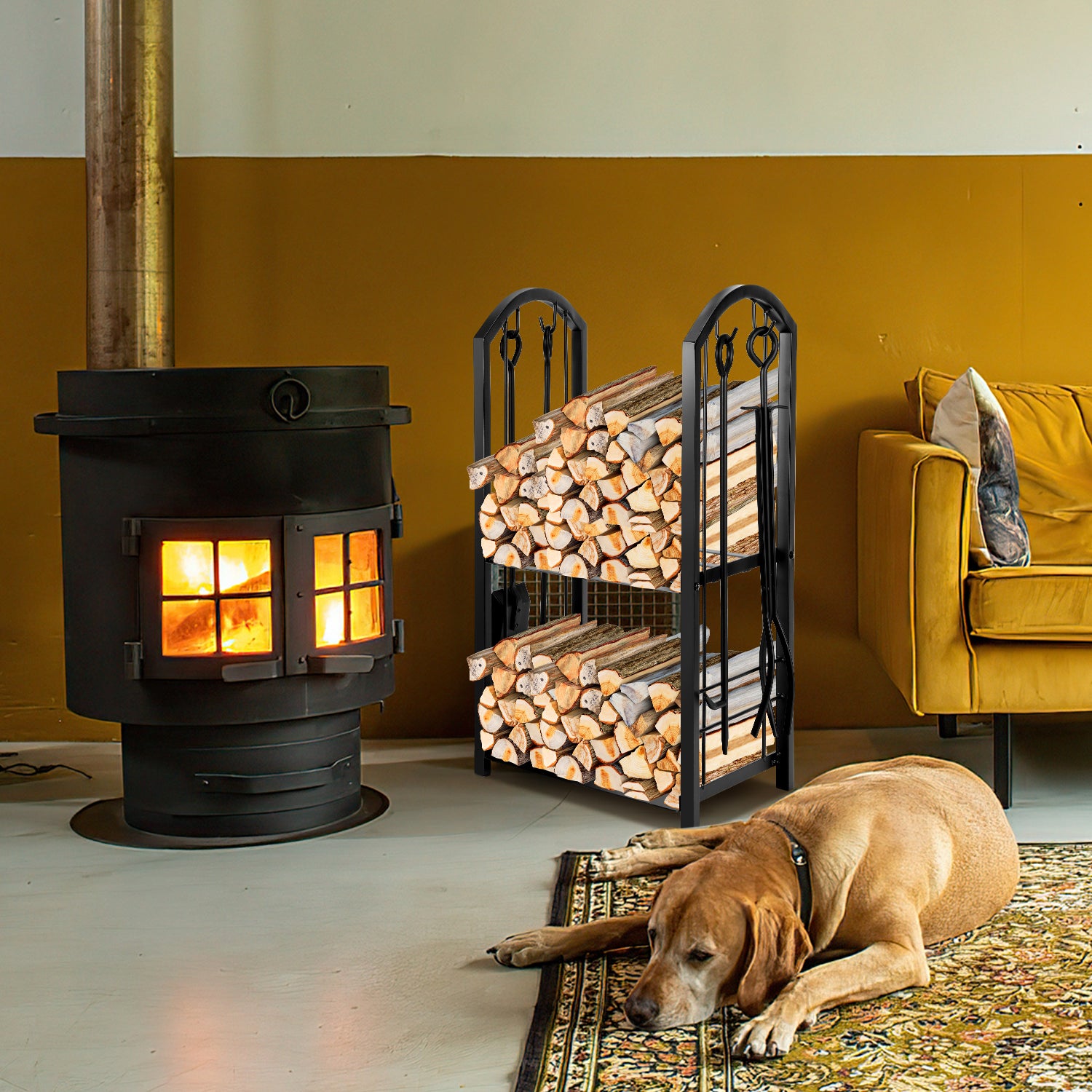 SWANEW kaminholzregal Innen und Aussen, mit Kaminbesteck, Metall Brennholzregal, Holzunterstand für Kaminholz, 37 x 33 x 74CM, Schwarz