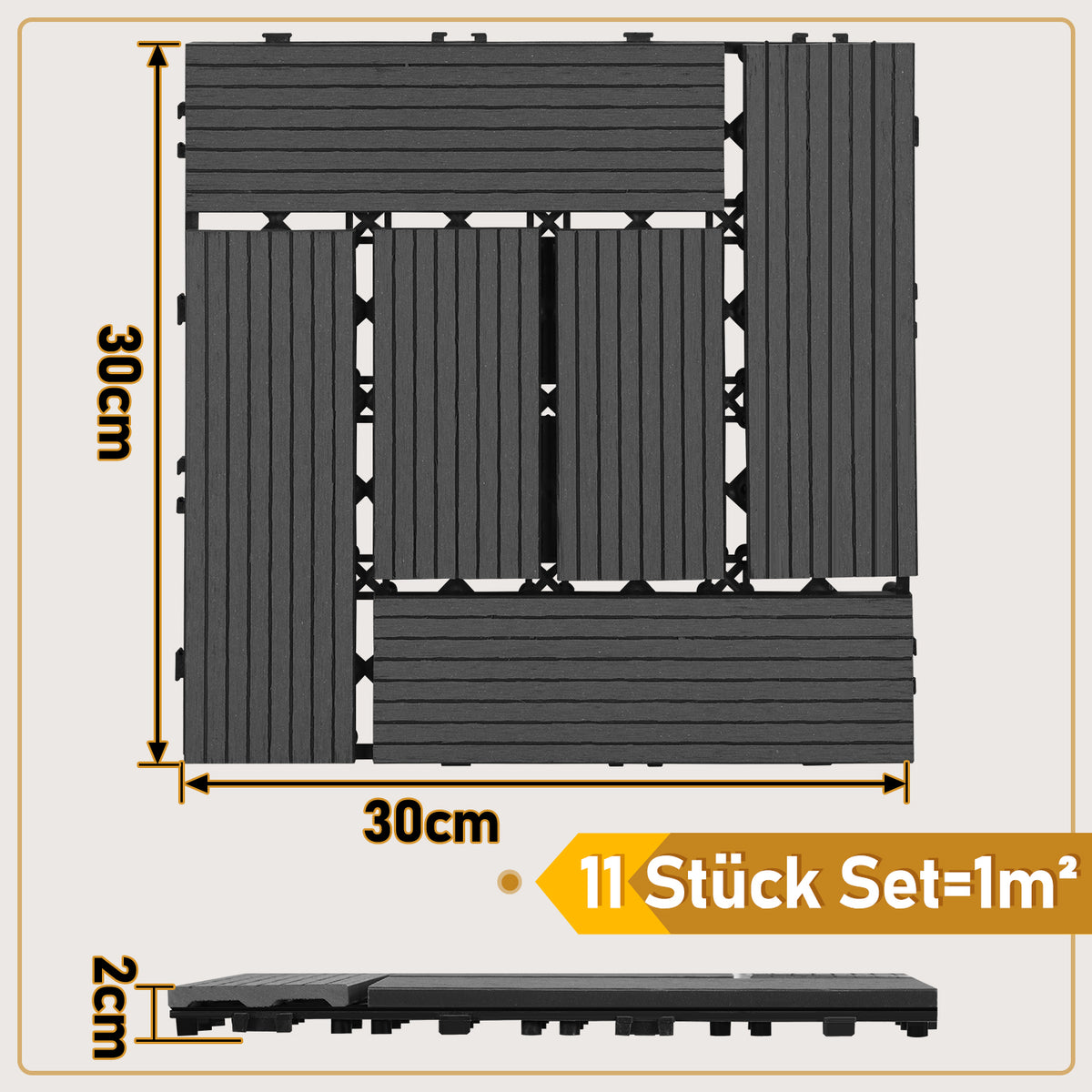SWANEW WPC Terrassenfliesen, 30x30cm Balkon Bodenfliese, WPC Fliesen mit Klick-System, Balkonfliesen in Holzoptik, Terrassendielen Wasserfest für Terrasse