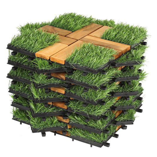 SWANEW Holzfliesen aus Akazien Holz, Balkonfliesen mit Künstlichem Gras, Dekorationsbodenmatte