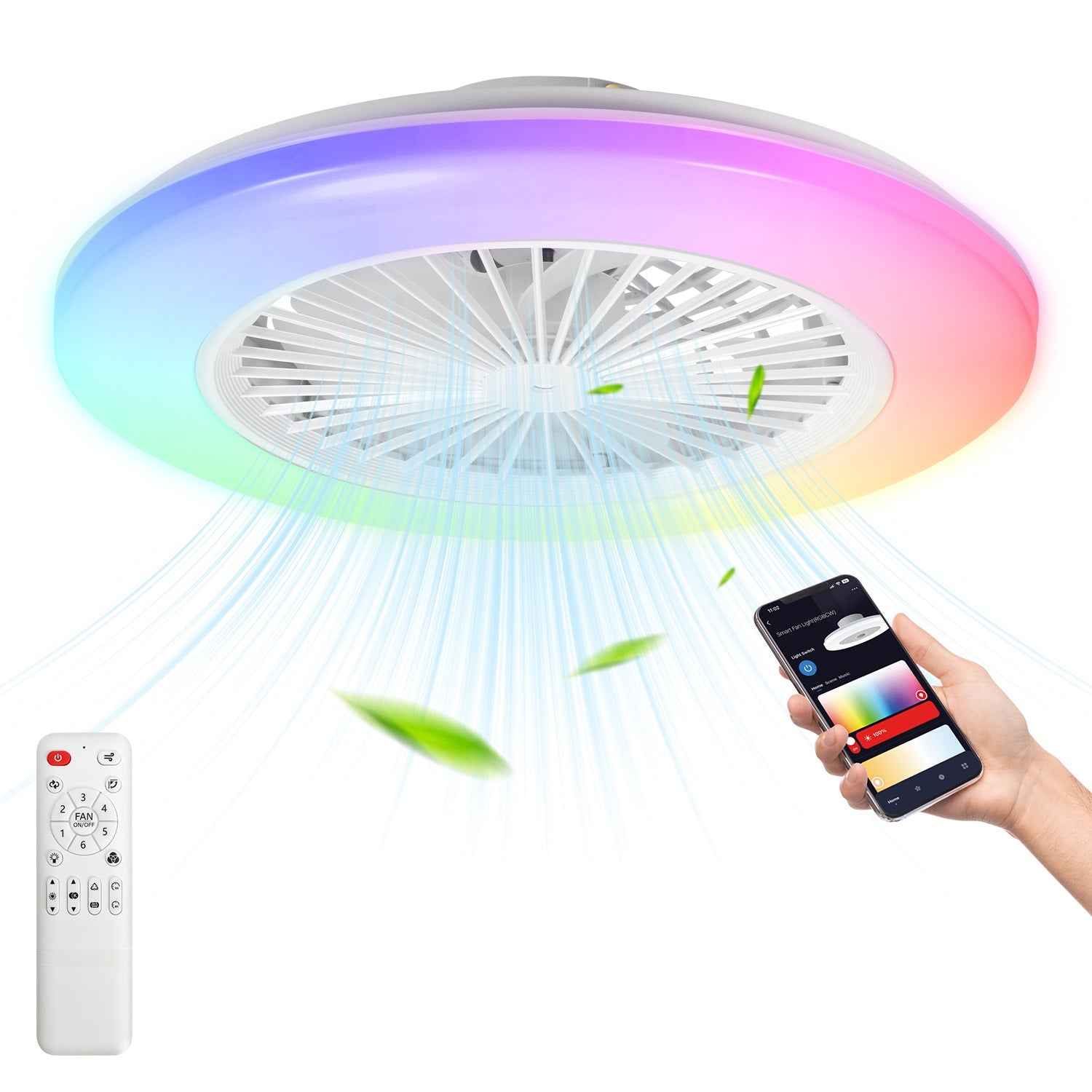 SWANEW Deckenventilator mit RGB LED Beleuchtung, 6 Geschwindigkeiten,  Stufenloses Dimmen, φ49cm, Ventilator Lüfter Deckenlampe