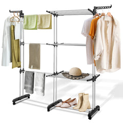 SWANEW Wäscheständer Turm,wäscheständer ausziehbar Länge 75-150cm, platzsparend, 4 Etagen mit 2 klappbaren Flügeln, 360°drehbare Rollen, Wäscheturm