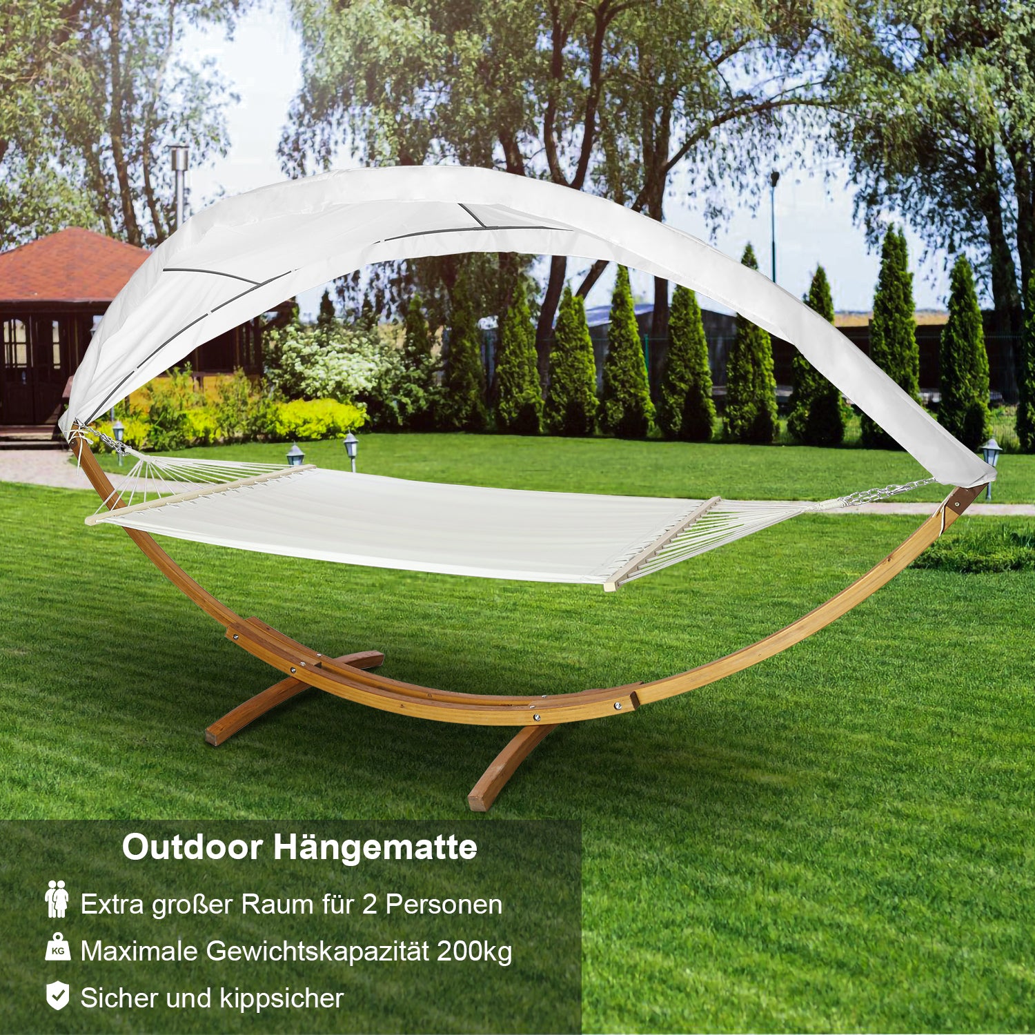 SWANEW Hängematten mit Gestell Outdoor Holz Hängematte mit Dach Hängemattengestell 200×150cm, Hängesessel 2 Personen Belastbarkeit 200kg