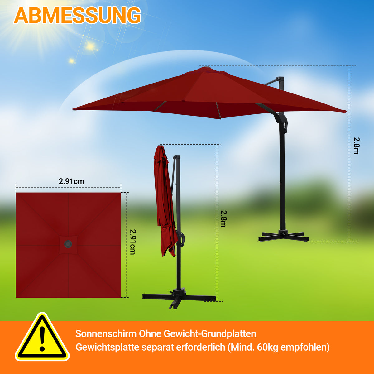 SWANEW Sonnenschirm 300 x 300 cm mit Gartenschirm mit Ständer Ampelschirm, Sonnenschutz UV50+, 360° Drehbar und Kippbar