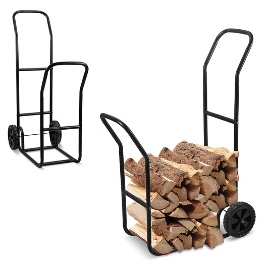 SWANEW Brennholzwagen, max. 80 kg, Kaminholzständer Kaminzubehör mit Rollen Holztransportwagen Brennholzständer, Schwarz 70x42x109cm