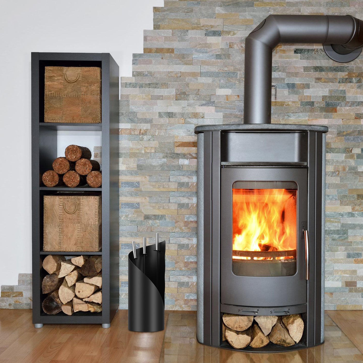 SWANEW Kaminbesteck Set 4 teilig Kaminzubehör mit Kaminaufbewahrung Kaminreinigungsset Kaminwerkzeuge Schwarz