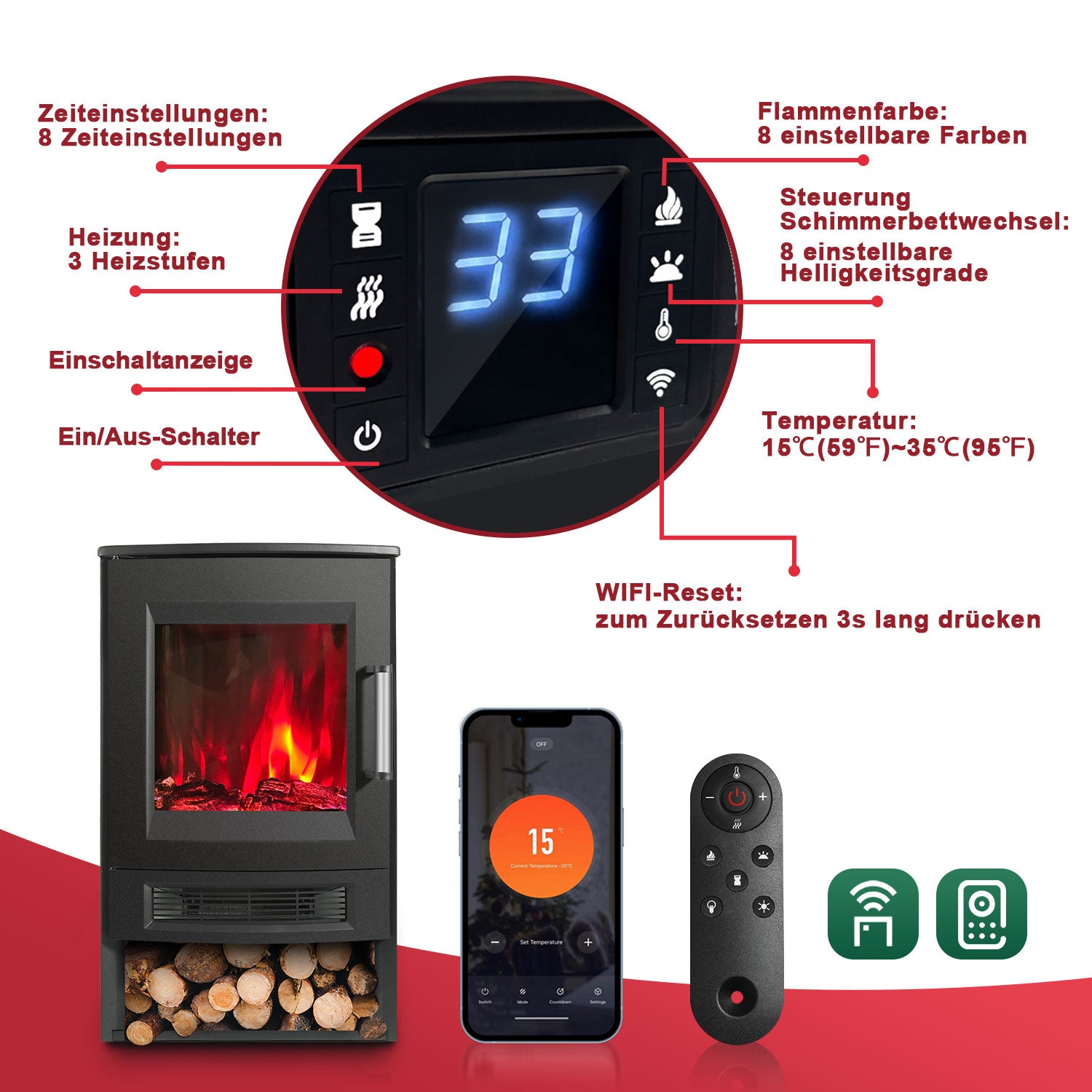SWANEW Elektrokamin mit Heizlüfter Fernbedienung, 900/1800W Elektro Kamin mit Thermostat Heizfunktion, Timer, Elektrischer Heizung LED Kaminfeuer Effekt, WiFi Fernbedienung