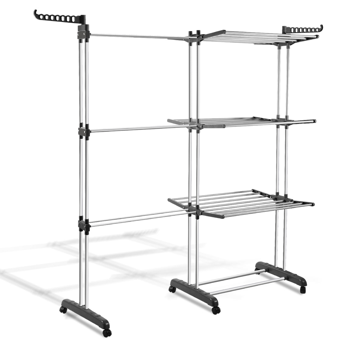 SWANEW Wäscheständer Turm,wäscheständer ausziehbar Länge 75-150cm, platzsparend, 4 Etagen mit 2 klappbaren Flügeln, 360°drehbare Rollen, Wäscheturm