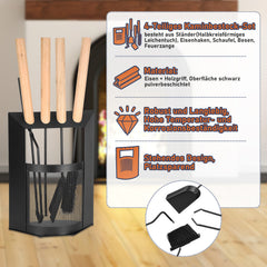 SWANEW Kaminbesteck, 4-teiliges Kaminbesteck Set, Kamingarnitur, Kaminzubehör mit Holzgriff und Halbkreisförmiges Leichentuch