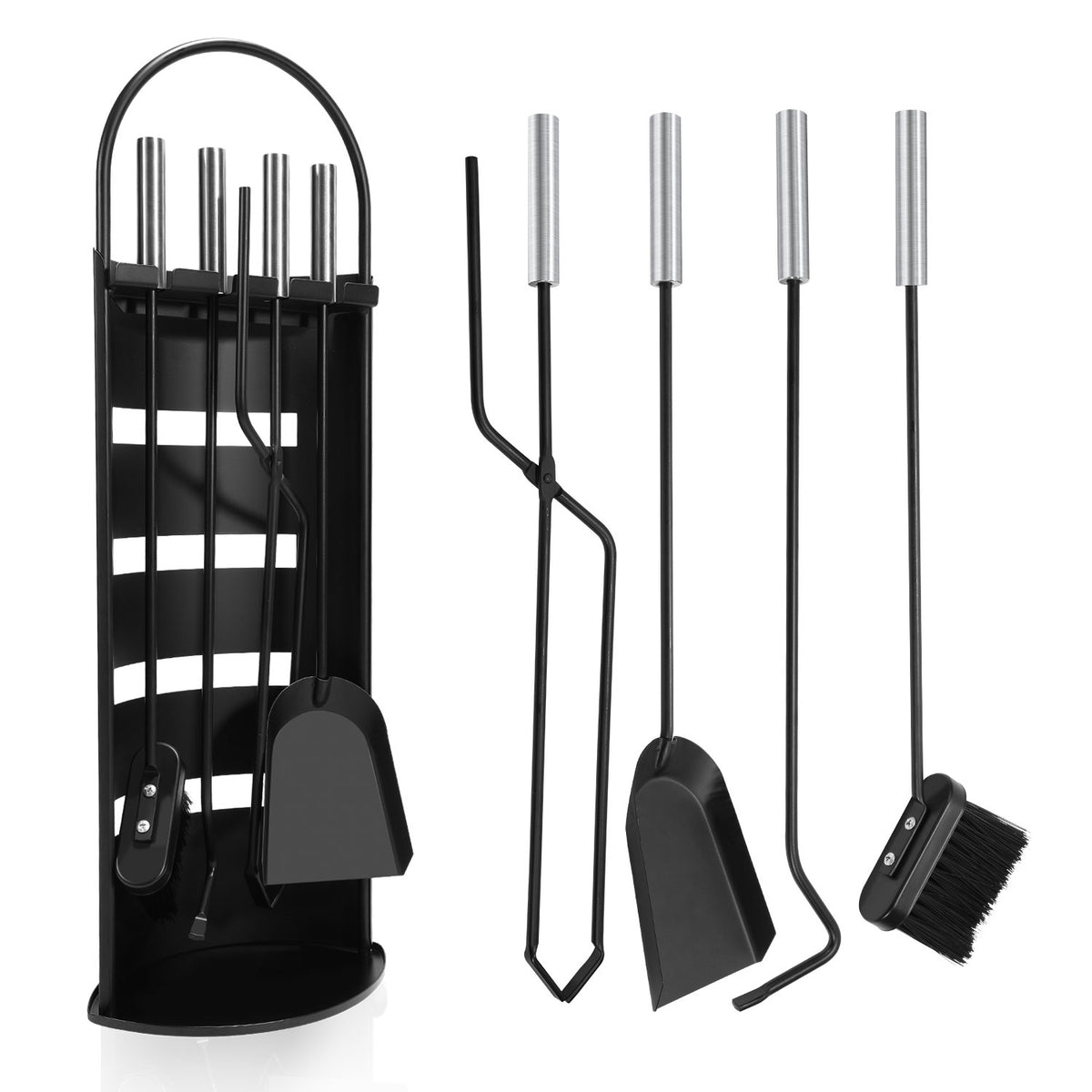 SWANEW Kaminbesteck 5-tlg. Ofenbesteck Kaminset, mit Edelstahlgriffe und Leichentuch