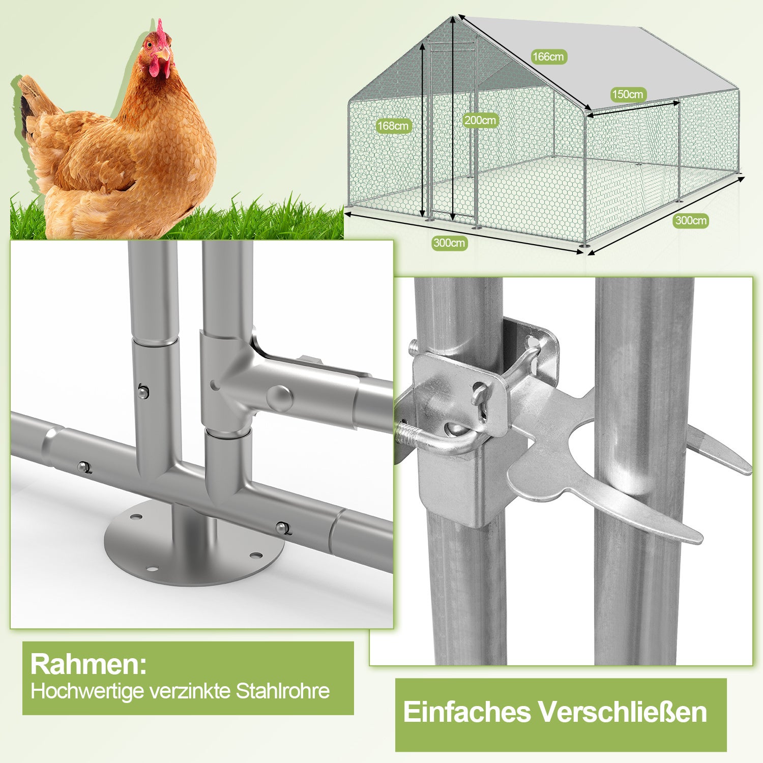 Hühnerstall Freilaufgehege, 3x3x2m, Verzinkter Stahl