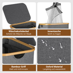 SWANEW Wäschekorb mit Deckel, Waschesammler, 2Fächer, 100L/145L/160L