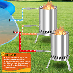 SWANEW Brennholz Poolheizung, Schwimmbadheizung mit Feuer, 100% rostfreier Edelstahl Poolheizung Feuertonne, 32-38mm Anschlüsse, mit Feuerfeste Matte und Tablett