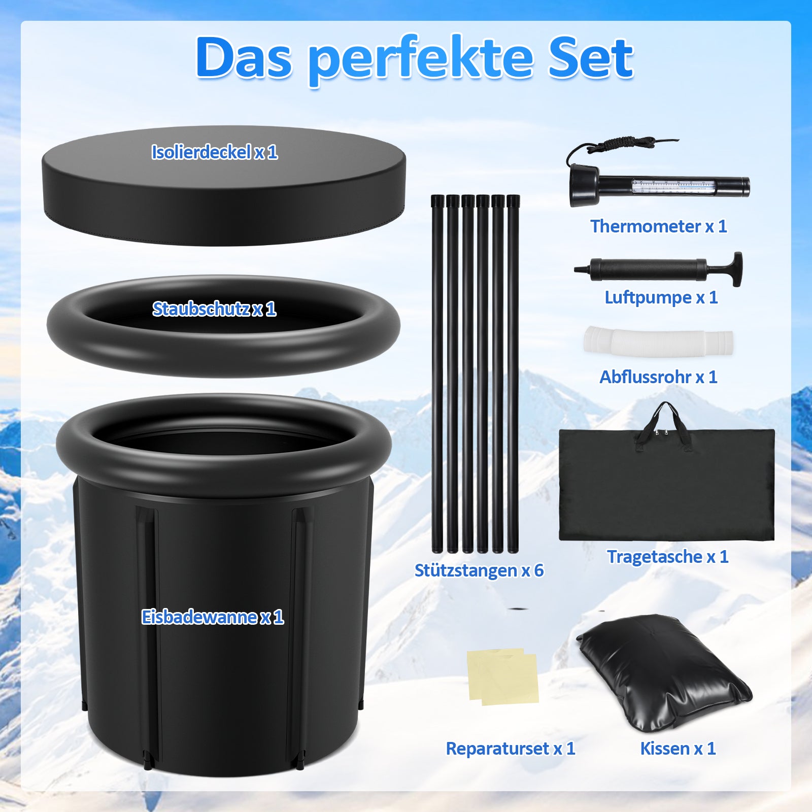 SWANEW Eisbad Eisbaden Tonne 80 cm, Faltbare Badewanne 390L,  Kältetherapie Set mit 5 Isolierschichten, Aufblasbare Eistonne-Set für Zuhause