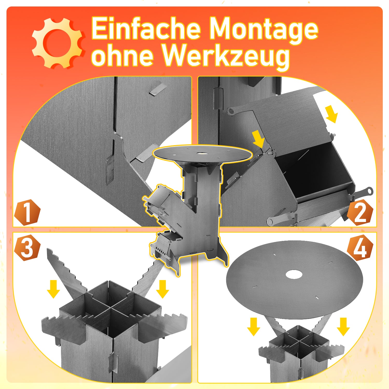 SWANEW Raketenofen mit Grillplatte und Feuerhaken, Rocket Stove Stecksystem aus 3 mm dickem Stahl, Raketenofen Outdoor Holzofen Campingkocher Kanonenofen für BBQ Terrasse