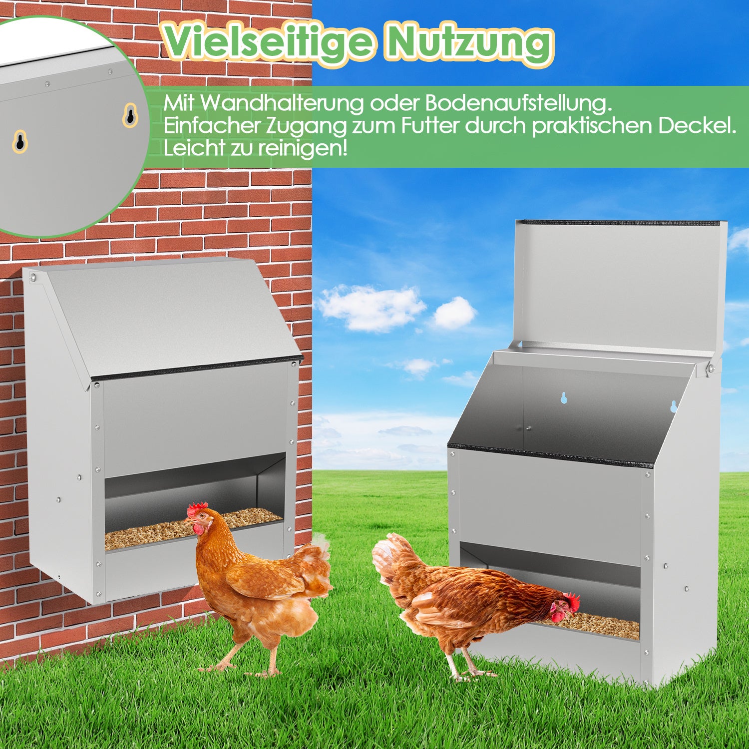 Hühnerfutterautomat mit Deckel & Wandhalterung