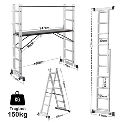 SWANEW Mehrzweckleiter, Arbeitsgerüst, bis max. 150 Kg, 4 in 1 Aluminium Leiter, 6+6 Stufen