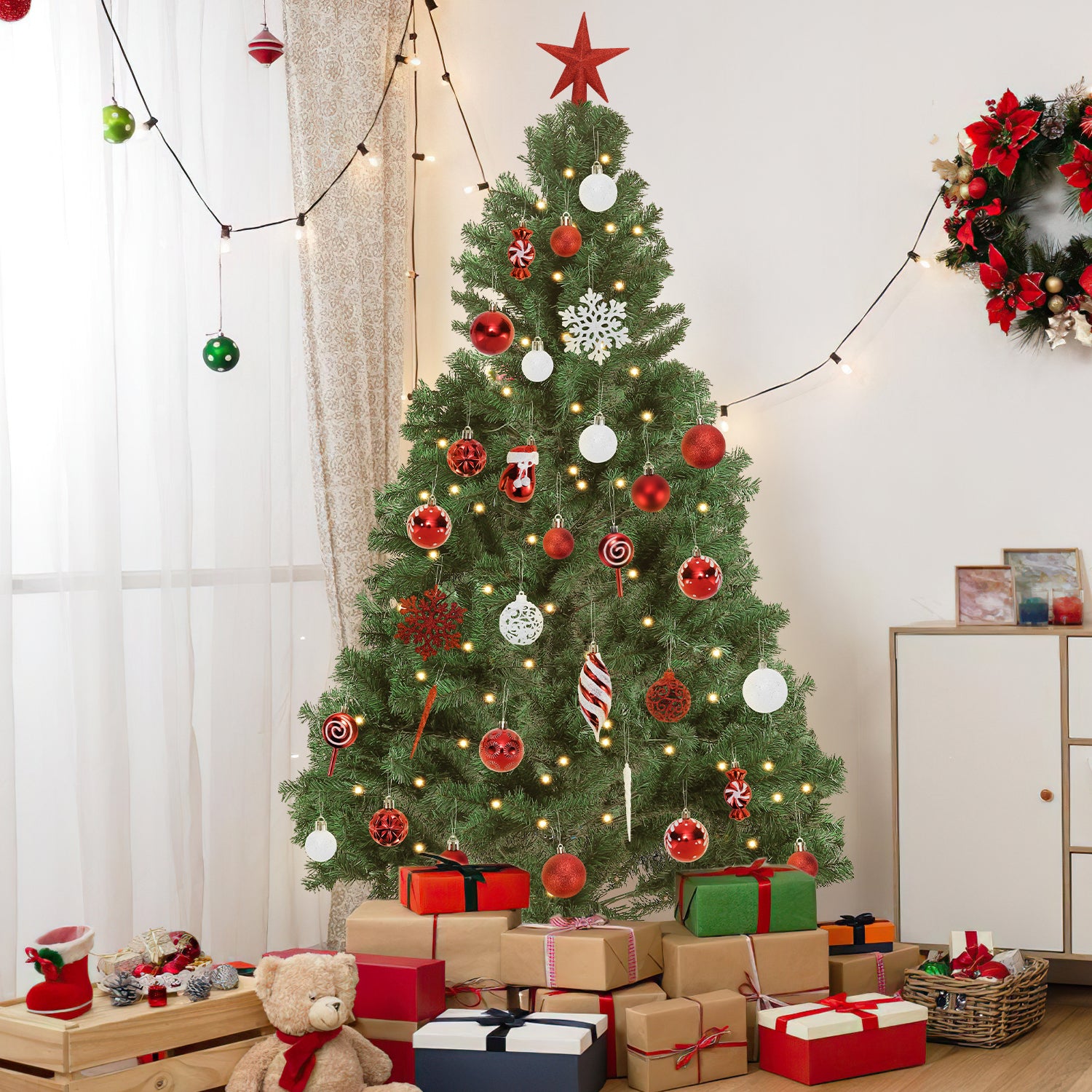 SWANEW Weihnachtskugel-Set - 130 Stück hochwertige Kunststoff-Weihnachtskugeln in verschiedenen Designs, schön gestaltete