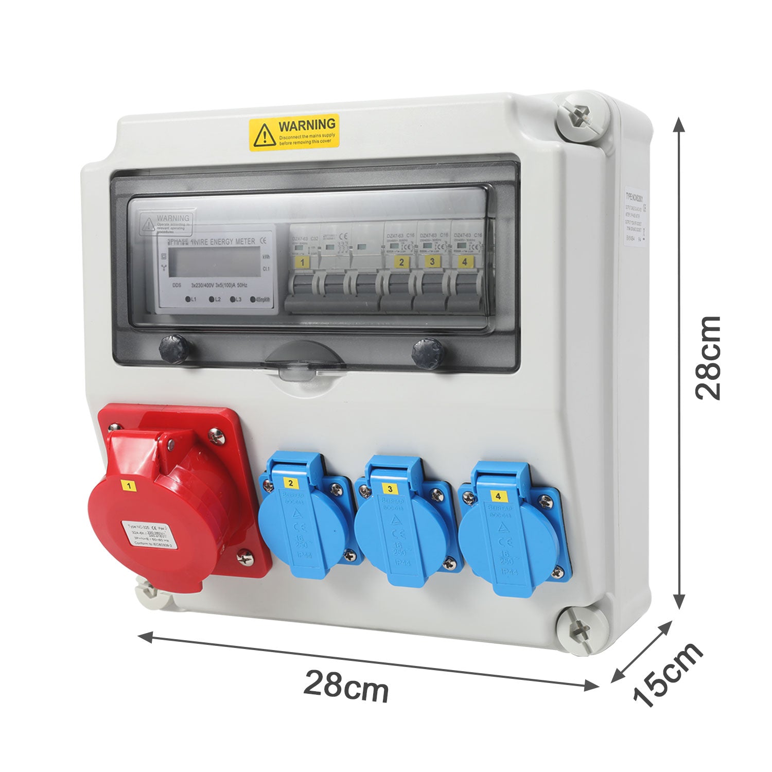 SWANEW Wandverteiler, Baustromverteiler 3x16A 230V, 1x CEE+32A 5 polig Steckdosen mit MCB Leitungsschutzschalter, 3-Phasen Stromverteiler IP44 Mit Sicherheitsklappdeckeln