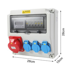 SWANEW Wandverteiler, Baustromverteiler 3x16A 230V, 1x CEE+32A 5 polig Steckdosen mit MCB Leitungsschutzschalter, 3-Phasen Stromverteiler IP44 Mit Sicherheitsklappdeckeln