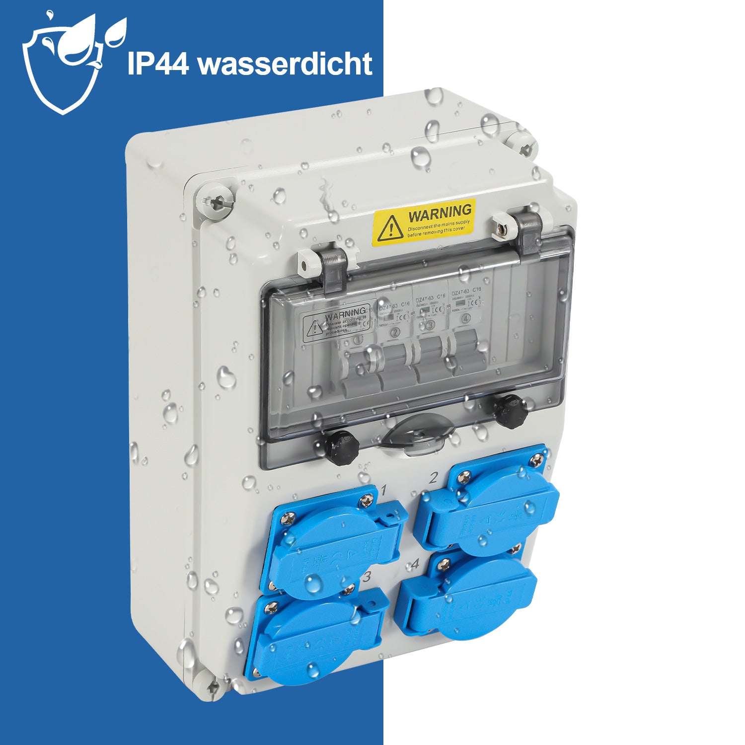 SWANEW Wandverteiler mit Leitungsschutzschalter, Baustromverteiler, 4xSchuko-Steckdose und CEE-Steckdose 16A, Stromverteiler, IP44