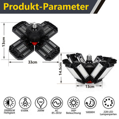 SWANEW Led Werkstatt Deckenleuchte, Garagenlampe 200W, Led Garagenbeleuchtung 20000LM 6500K, Werkstatt Beleuchtung mit 12 Verstellbaren Paneelen, E26 / E27 Werkstattbeleuchtung für Keller [Energieklasse F]