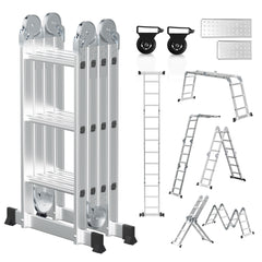 SWANEW 3,6m/4,7m/5,82m Aluminium Mehrzweckleiter 4x3/4x4/4x5 Stufen, Multifunktionsleiter mit 2 Plattform und Räder, Klappleiter, Trittleiter