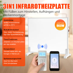 SWANEW Infrarotheizung 300W-1200W mit Thermostat, Infrarot Wandheizung mit Überhitzungsschutz, Wandheizung Elektrisch, Mobile & Energiesparend
