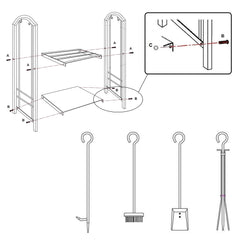 SWANEW kaminholzregal Innen und Aussen, mit Kaminbesteck, Metall Brennholzregal, Holzunterstand für Kaminholz, 37 x 33 x 74CM, Schwarz