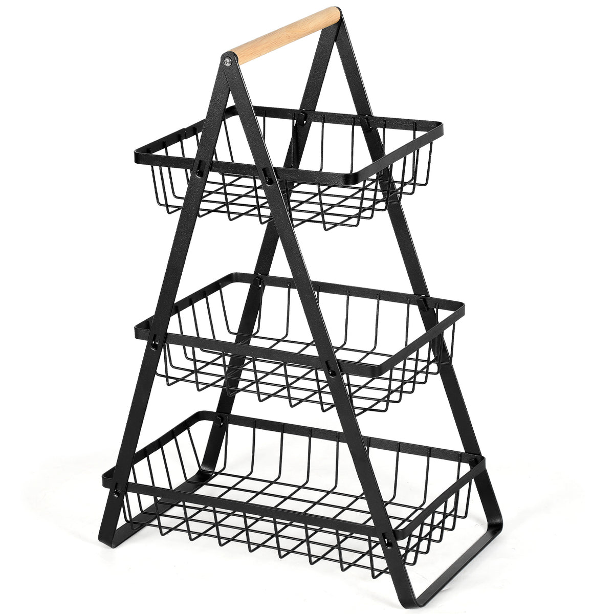 SWANEW 3-Ebenen Aufbewahrungskorb Multifunktionaler Schwarzer Metall mit Holzgriff