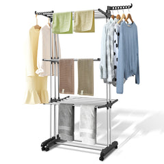 SWANEW Wäscheständer Turm,wäscheständer ausziehbar Länge 75-150cm, platzsparend, 4 Etagen mit 2 klappbaren Flügeln, 360°drehbare Rollen, Wäscheturm