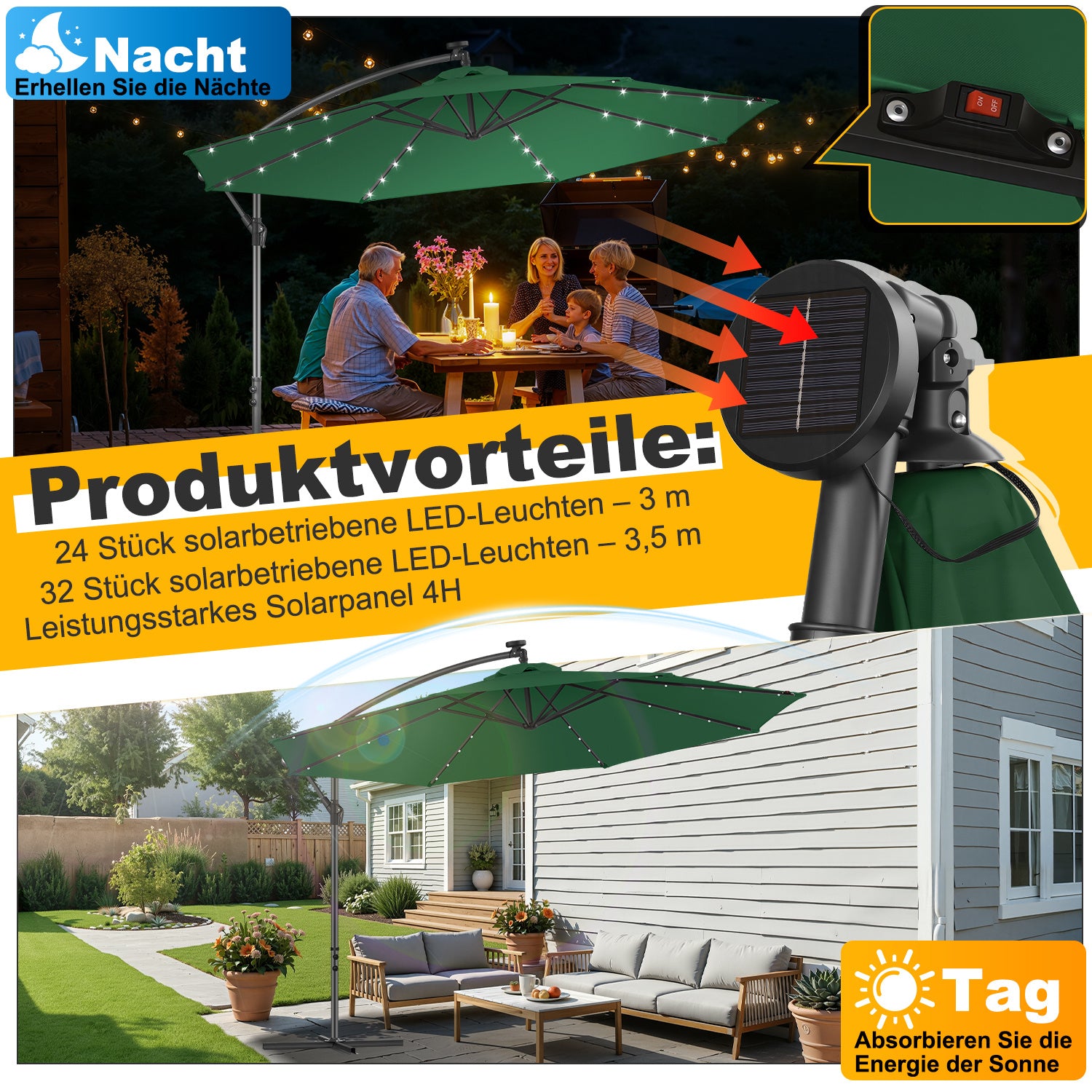 SWANEW Sonnenschirm Ø300/350 cm mit LED Solar, Ampelschirm mit Kurbel, Aluminium Gartenschirm mit Ständer