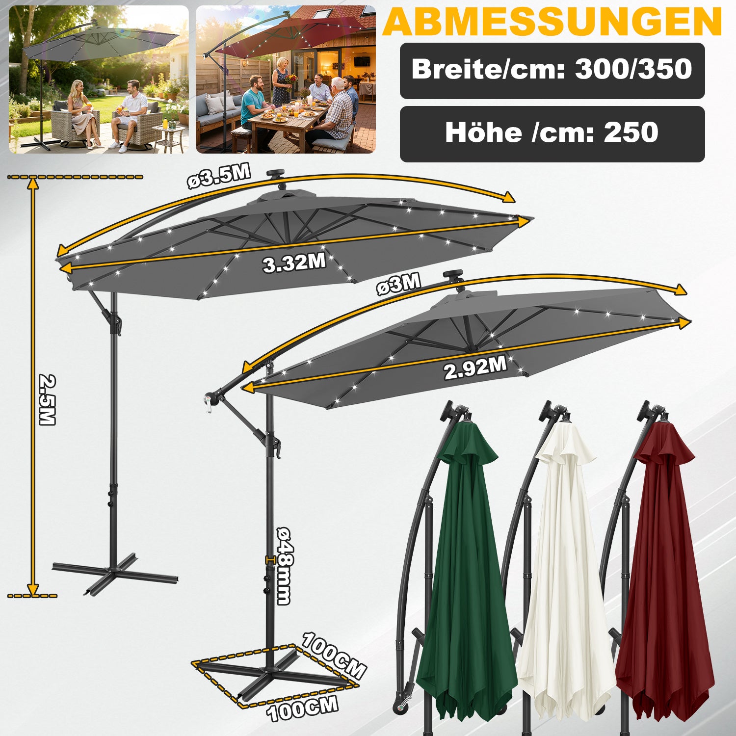 SWANEW Sonnenschirm Ø300/350 cm mit LED Solar, Ampelschirm mit Kurbel, Aluminium Gartenschirm mit Ständer