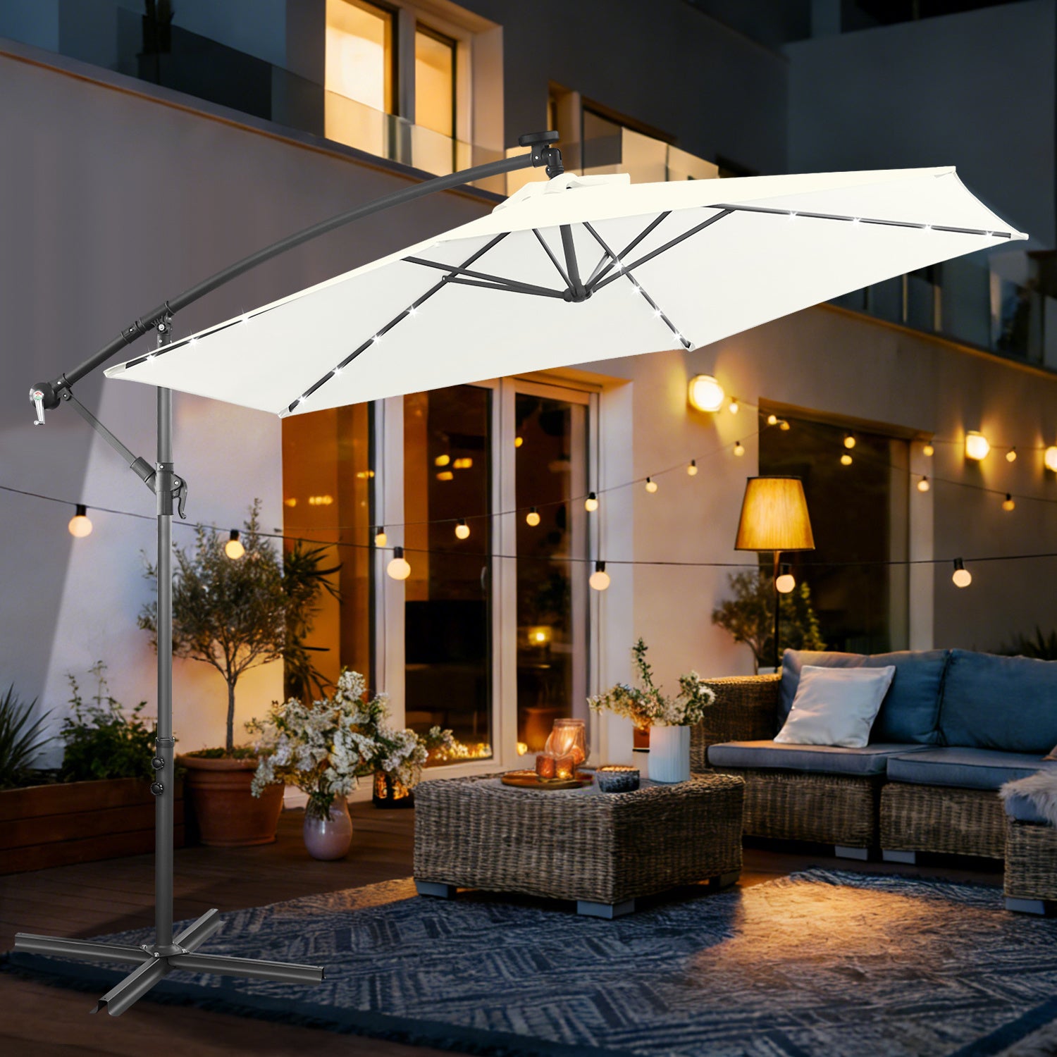 SWANEW Sonnenschirm Ø300/350 cm mit LED Solar, Ampelschirm mit Kurbel, Aluminium Gartenschirm mit Ständer