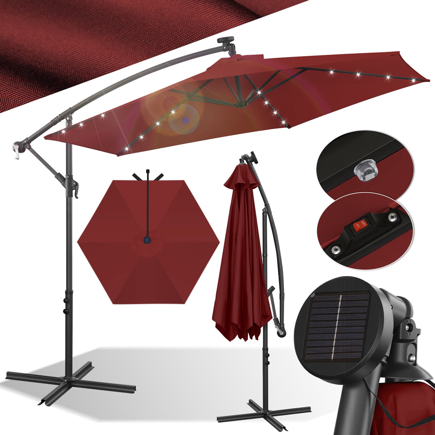 SWANEW Sonnenschirm Ø300/350 cm mit LED Solar, Ampelschirm mit Kurbel, Aluminium Gartenschirm mit Ständer